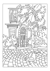 Coloring book for kids and adults. Landscape coloring page. House and funny animals. Outline drawing, vector illustration
