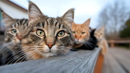 Curious tabby cat with intense yellow eyes in focus while other cats blur in background on wooden deck railing, close up portrait in natural light.