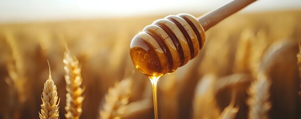 Naklejka premium Golden honey dripping from wooden dipper against wheat field in warm sunset light, natural organic sweetener and agriculture concept.