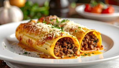 Hearty Italian Elegance: A Luxurious Chef's Dish of Beef Cannelloni with Melted Cheese