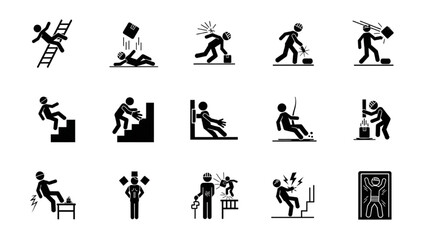 Workplace Safety Icons – Black Silhouette Accident Hazard Signs in Grid