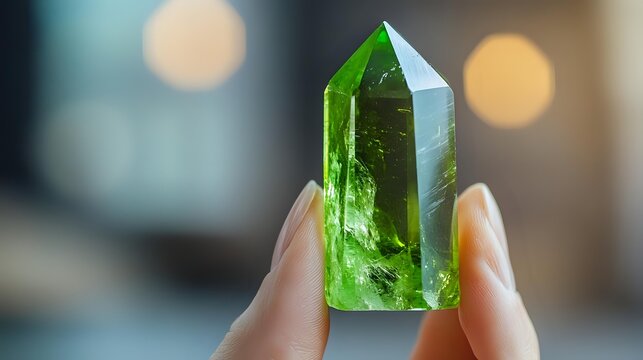 Luminous green crystal point held between fingers against blurred bokeh background, showcasing natural mineral formation with translucent emerald hues and prismatic structure.