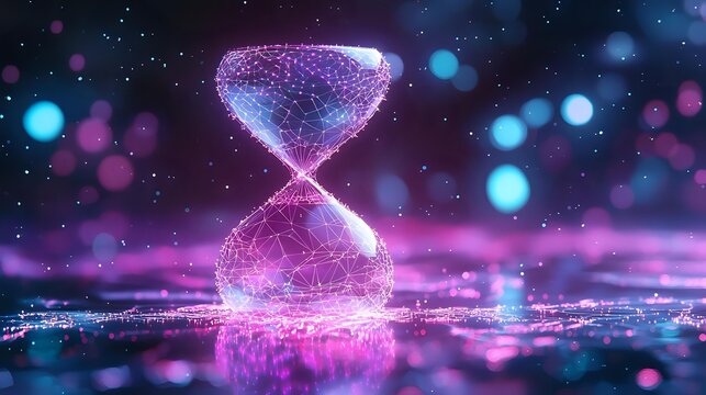 Glowing hourglass with flowing particles against cosmic background in purple and blue neon colors, digital art concept of time and infinity.