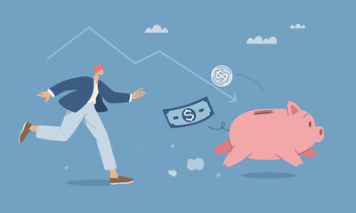 Young man running after a running piggy bank, Investment mistakes, Lost savings, Vector illustration.