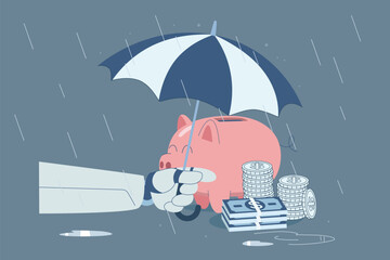 Robot hand holds an umbrella over a piggy bank in the rain, Protection of savings and assets through technology and innovation.
