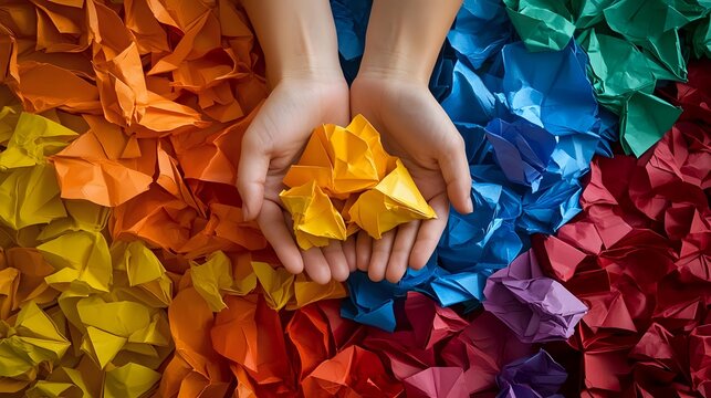 Hands holding yellow paper origami flowers against colorful rainbow arrangement of handmade paper art pieces creating vibrant decorative pattern.