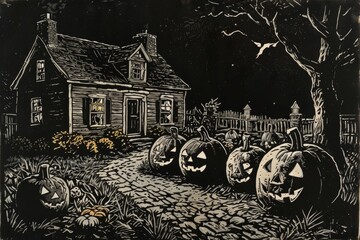 Halloween pumpkins against a house at night