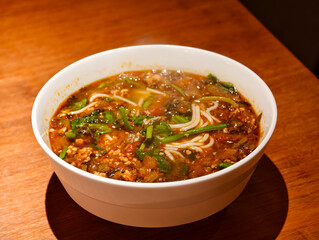 close-up Chinese Yunnan rice noodles in a bowl on table