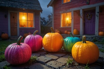 Halloween pumpkins against a house at night