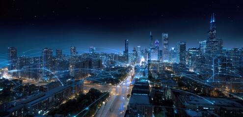 Nighttime Cityscape - Illuminated Skyscrapers and Urban Landscape.