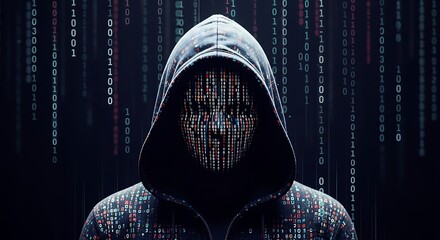 Anonymous hacker in a hoodie with a digital face made of binary code, representing cybercrime and data breach