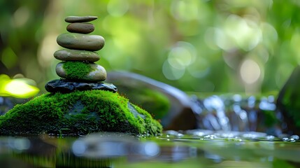 Zen stones balanced on moss-covered rock near flowing stream with soft bokeh green background creates peaceful spa and meditation atmosphere.