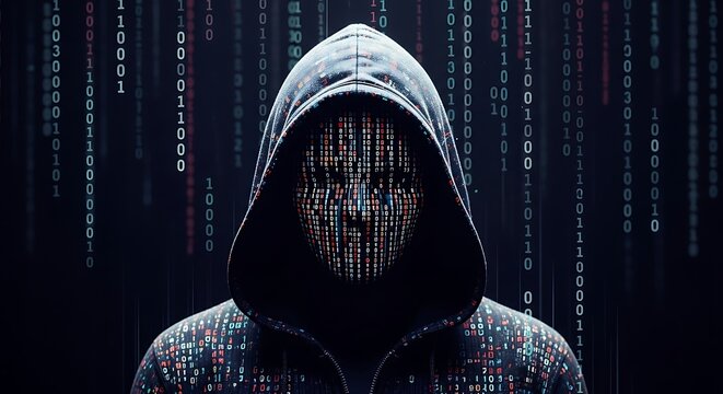 Anonymous hacker in a hoodie with a digital face made of binary code, representing cybercrime and data breach