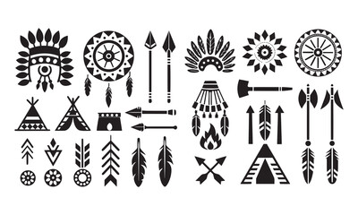 Heritage and Tribal Symbols | Feathers, Dreamcatchers, Geometric Ethnic Patterns, and Cultural Icon Set