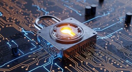 Closeup of a metallic padlock with a glowing orange keyhole on a complex circuit board, representing hardware security and technology