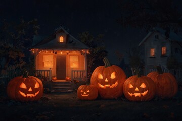 Halloween pumpkins against a house at night