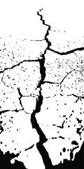 High-contrast jagged crack on a textured surface in black and white. Perfect for natural disaster visuals, destruction-themed projects, edgy designs, digital art, and dramatic backgrounds.
