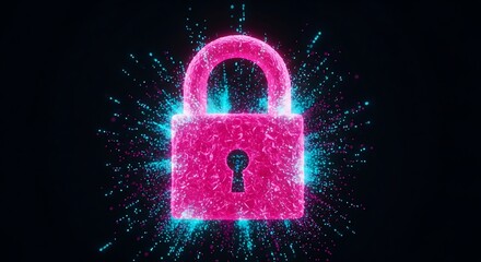 A glowing pink padlock with digital particles exploding outwards on a dark background, symbolizing digital security and data protection