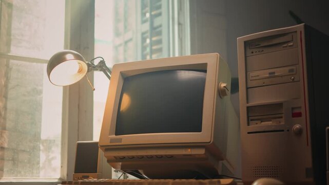 Retro pc computer gaming, Desktop vintage with loading code console, programmer making scripts, green basic screen, Old computer studio close-up, retro wave display, late 90s PC.