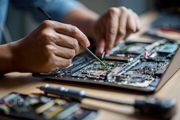 Skilled technician carefully repairing a complex laptop motherboard with a soldering tool.