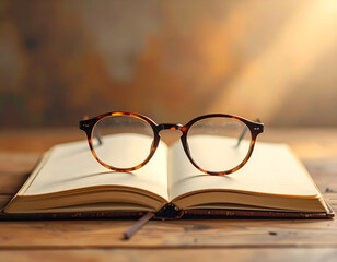 An old, open book with a pair of reading glasses, resting on a rustic wooden table in warm, soft light. A concept for reading, knowledge, and study. Generative AI