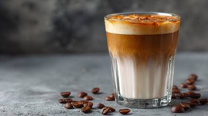 Freshly roasted aromatic coffee beans scattered on a modern surface in a warm, close-up view.