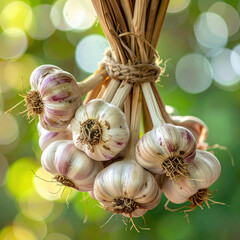 Fresh garlic bulb organic vegetable natural food aromatic healthy ingredient rustic bundle outdoor green background sunlight harvest season