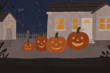 Halloween pumpkins against a house at night