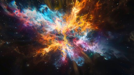 Naklejka premium Vibrant Primordial Universe Birth, Nebula Explosion in Fiery Cosmic Fireball, Dark Infinity Point Emanation