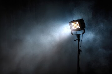 Professional LED light panel shining a bright beam through smoke in a dark studio.