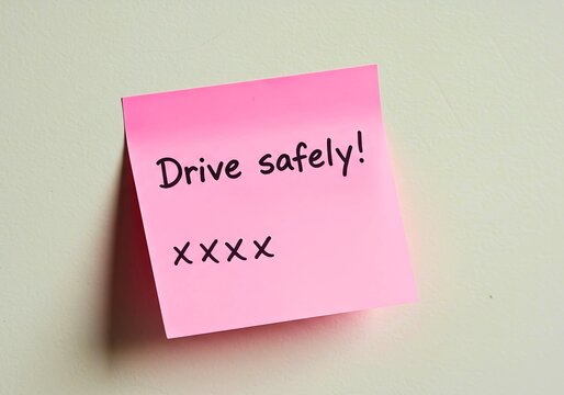 Pink sticky note with handwritten message drive safely