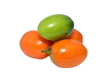 Ripe and juicy tomatoes of yellow, red and green colors isolated on PNG background.