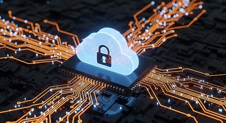 Digital cloud icon with a padlock symbol on a microchip, surrounded by glowing circuit board pathways, symbolizing cloud security and data storage