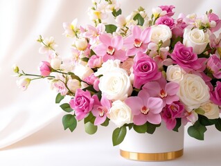 A vibrant floral arrangement featuring pink and white roses, orchids, and delicate blossoms in an elegant white vase.