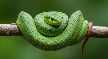 Vibrant Green Pit Viper Curled on a Tree Branch in Lush Forest