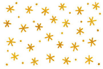 A background of snowflakes, hand-painted with gold paint on paper.