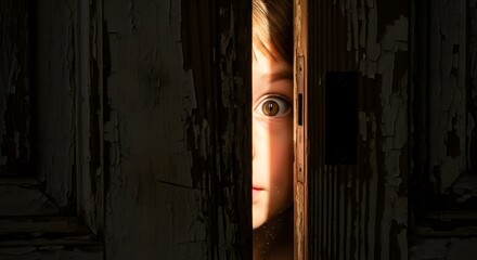 Wide-eyed child peeking fearfully through a narrow crack in an old wooden door, face half-lit by soft light.