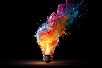 Colorful explosion of paint and light from a glowing lightbulb on a black background.