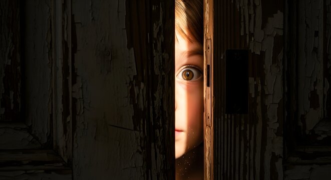 Wide-eyed child peeking fearfully through a narrow crack in an old wooden door, face half-lit by soft light.