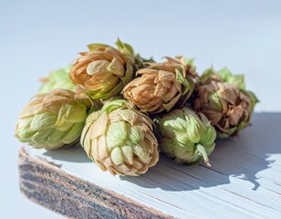 Obraz premium Fresh and dried hop cones on wooden board