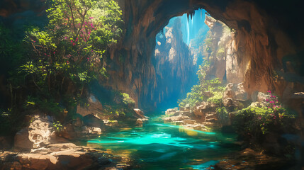 Obraz premium A cinematic ultra-detailed travel scene of a hidden cave with turquoise water glowing from sunlight above