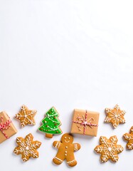 Festive gingerbread cookies and gift boxes on a white background