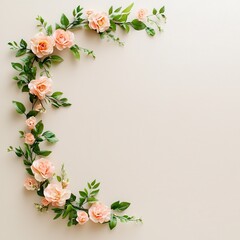 Fototapeta premium A delicate arrangement of soft pink roses and green leaves forms a charming border against a light background.
