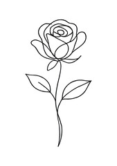"Single line rose flower vector illustration, minimalist continuous line drawing with stem and leaves"