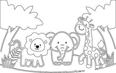 Enchanting Safari Adventure Awaiting to Be Colored A Whimsical Coloring Page Featuring a Lion Elephant and Giraffe Amidst Lush Foliage