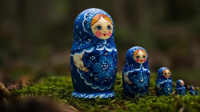 Russian nesting dolls arranged on mossy forest floor
