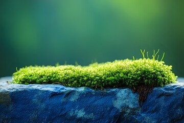 Fototapeta premium Vibrant green moss growing on blue stone surface with soft bokeh background, showcasing natural texture and growth in macro photography detail.