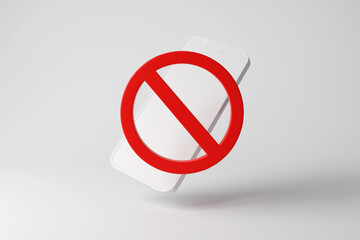 White mobile phone behind a red prohibition sign on a white background in monochrome and minimalism. Illustration of the concept of mobile phone bans in schools