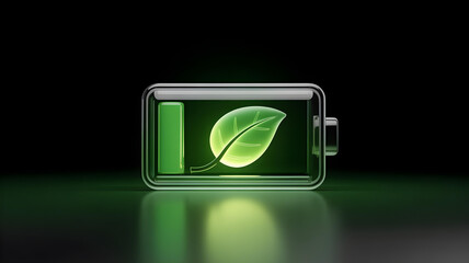A 3D glassmorphism icon of a battery with a glowing green leaf inside.