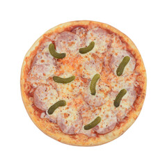 pizza with sausage and salted gherkins on a white background